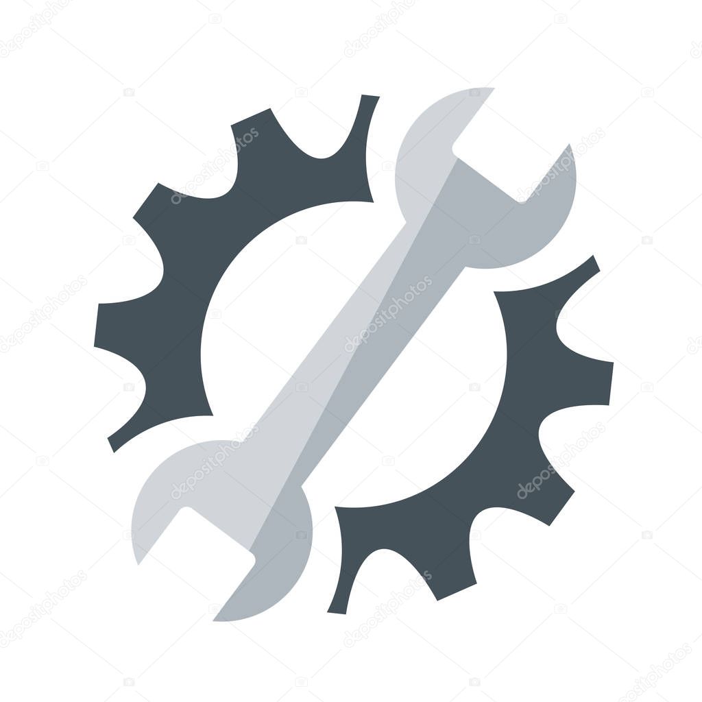 Repair service icon. Black cog and blue wrench icon concept. Rep