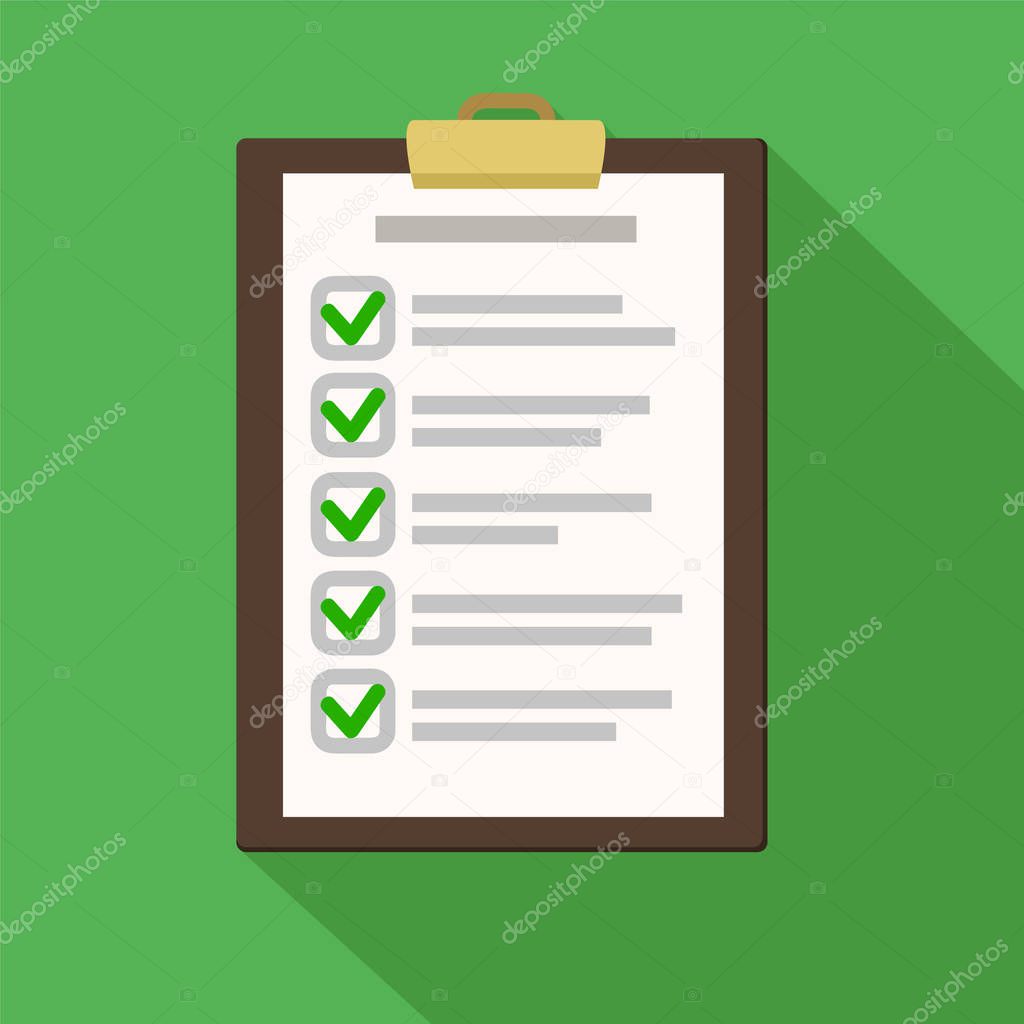 Clipboard with checklist on green. Flat illustration of clipboar