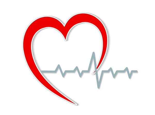 Silueta de corazón rojo y cardiograma en blanco, illus vector de stock — Archivo Imágenes Vectoriales