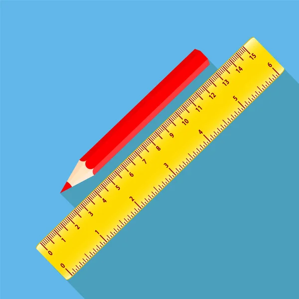 Čtvercový tvar ikony ikony červené tužky a pravítko v plochý design, — Stockový vektor