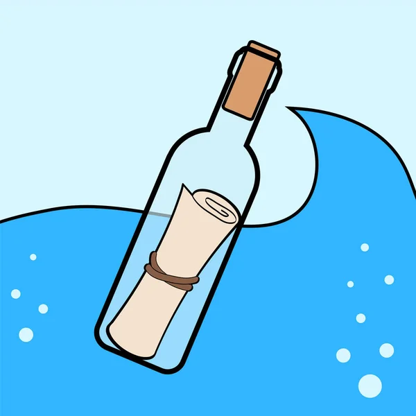Message dans l'icône de la bouteille dans le style de dessin animé vague isolée en mer . — Image vectorielle