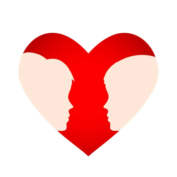 Cuore rosso con silhouette di uomo e donna testa, concetto di amore, s — Vettoriale Stock