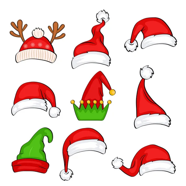 Chapéu de Natal. Elfo engraçado, renas de neve e Papai Noel —  Vetores de Stock