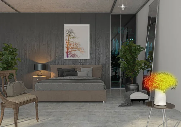 Appartamento, progetto di rendering 3d, Interior, camera da letto, lusso — Foto Stock