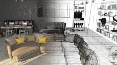 Daire, 3d render proje, iç, yatak odası, lüks, 3d çizim