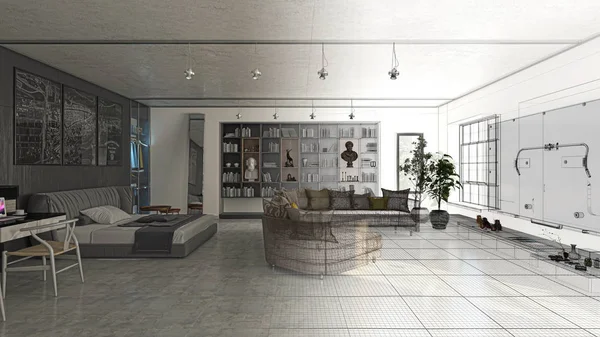 Apartamento, projeto de renderização 3d, interiores, quarto, luxo, ilustração 3d — Fotografia de Stock
