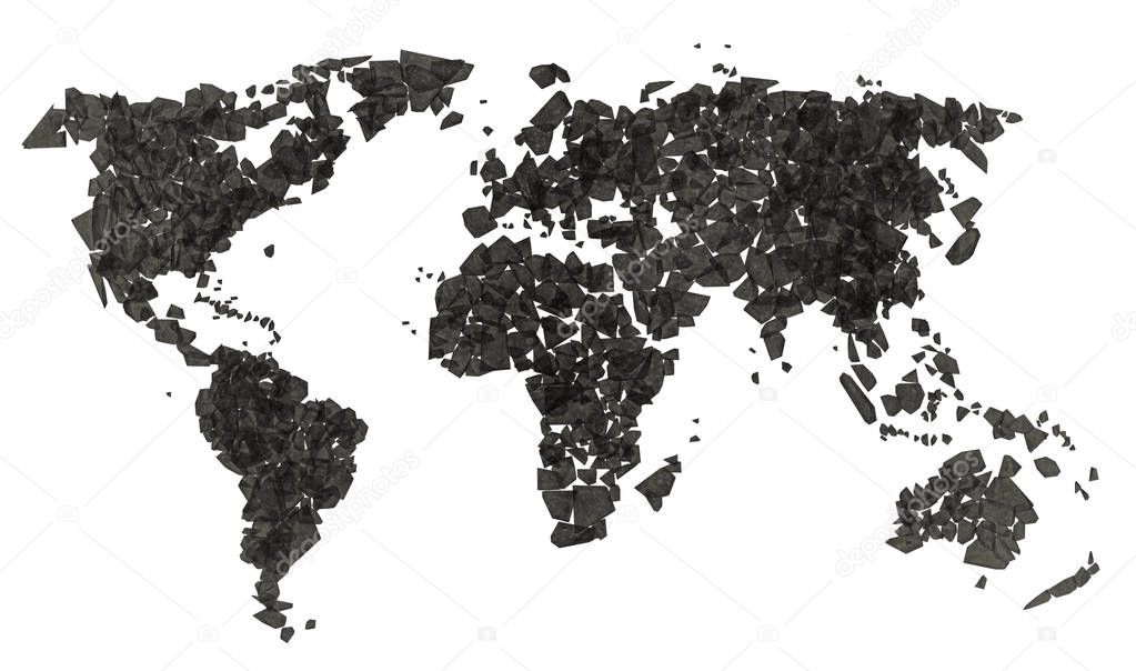 Shattered planisphere, ecology, destruction of the world, 3d illustration, continents on isolated white background