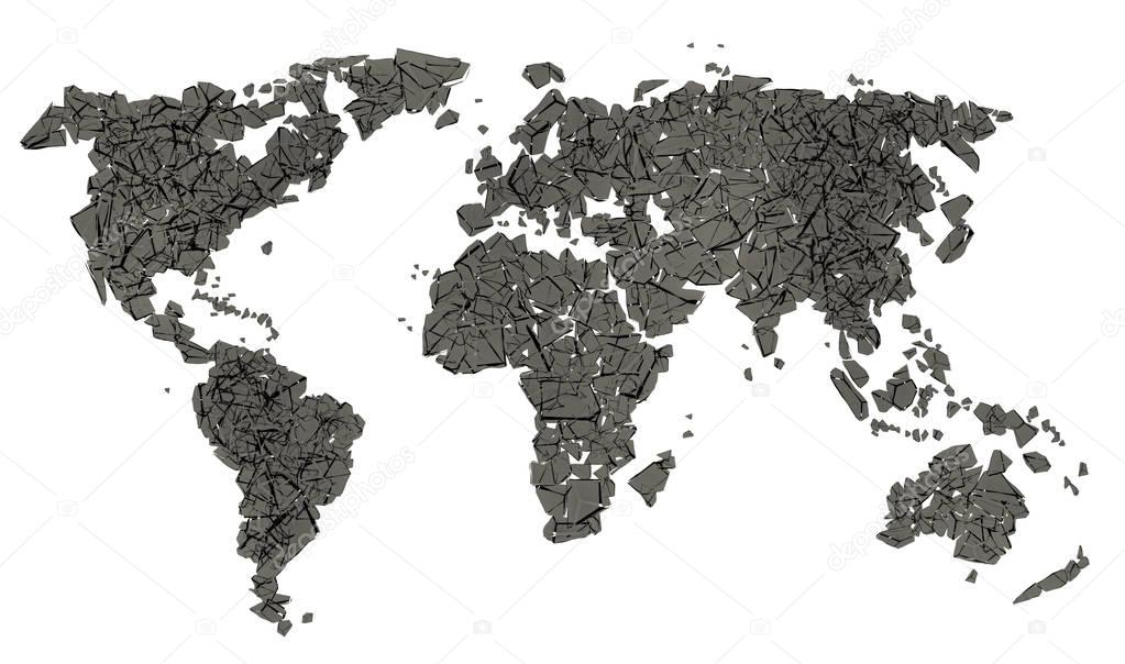 Shattered planisphere, ecology, destruction of the world, 3d illustration, continents on isolated white background