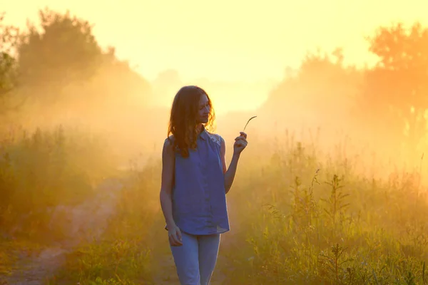 Morning walk. Girl in the field. — Stock Photo, Image