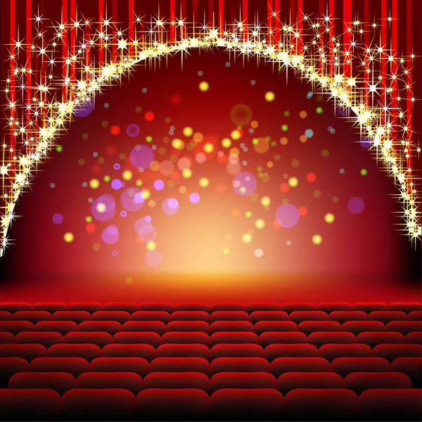 Cena de cinema ou teatro com assentos e uma cortina vermelha — Vetor de Stock