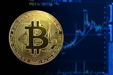 Bitcoin altın sikke üzerinde grafik arka planı. 
