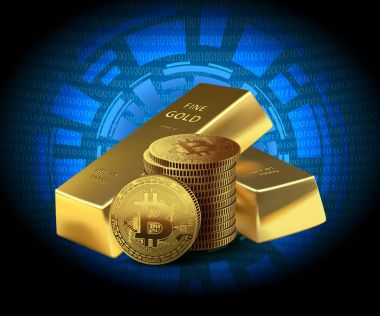 Paraları Bitcoin ve iki altın çubukları koyu arka plan üzerinde. Mali dünyada kavram cryptocurrency. İşletme Bankacılığı. Vektör çizim