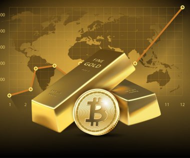 Bitcoin ve iki altın çubukları koyu arka plan üzerinde. Cryptocurrency mali dünyada büyüme kavramı. İşletme Bankacılığı. Vektör çizim
