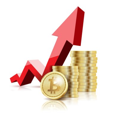 Altın Bitcoin sikke ve beyaz arka plan üzerinde ok gösterimi. Cryptocurrency mali dünyada büyüme kavramı. İşletme Bankacılığı. Vektör.