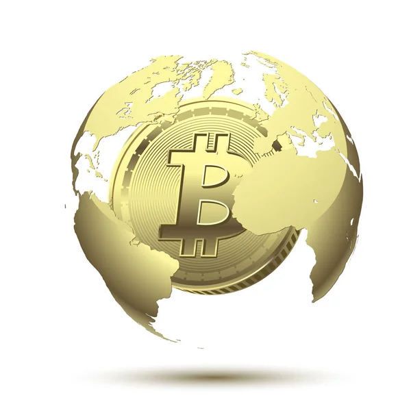 Bitcoin Oro Tierra Globo Concepto Criptomoneda Mundo Financiero Negocios Bancarios — Vector de stock
