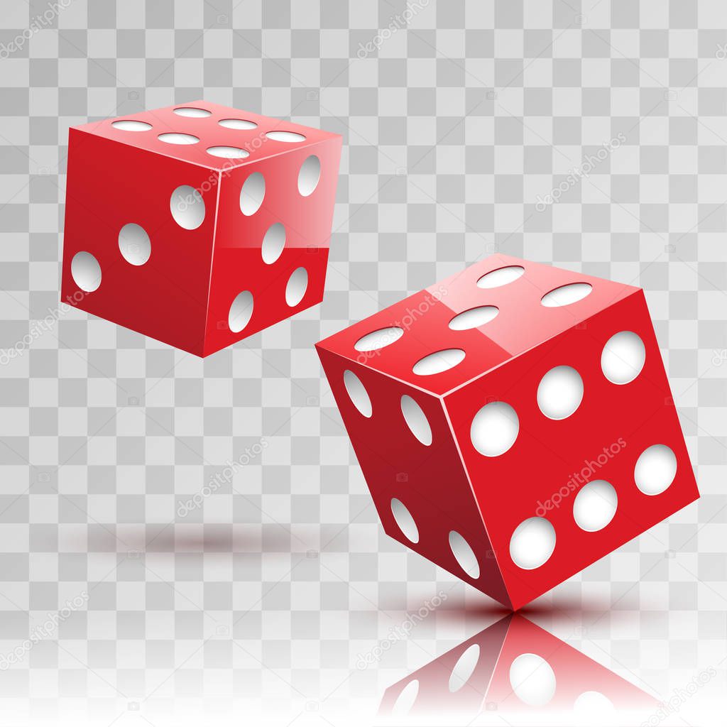 Two red Dices on transparent background. Gambling icon. Vector Illustration 