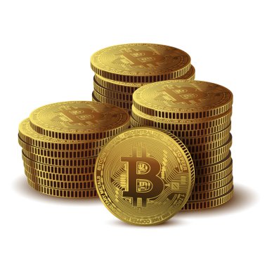 Sikke Bitcoin yığını beyaz arka plan üzerinde. Mali dünyada kavram cryptocurrency. İşletme Bankacılığı. Vektör çizim