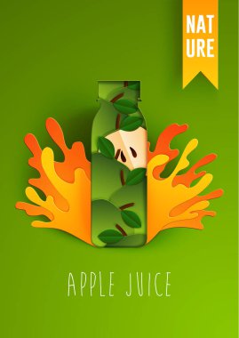 Parlak arka planda sıçramaları ile elma suyu şişesi 