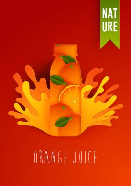 Parlak arka planda sıçramalı portakal suyu şişesi 