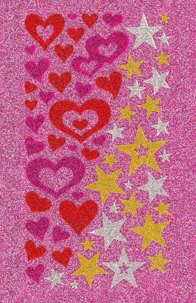 Glitter heart and stars on a pink glitter background