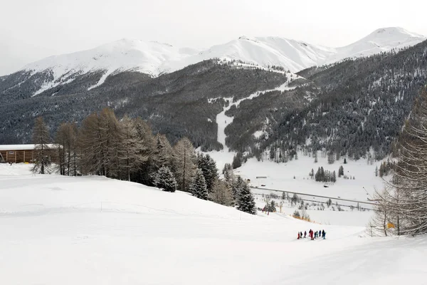 Una Vista Teleférico Gente Esquiar Paisaje Cubierto Nieve Las Montañas — Foto de Stock