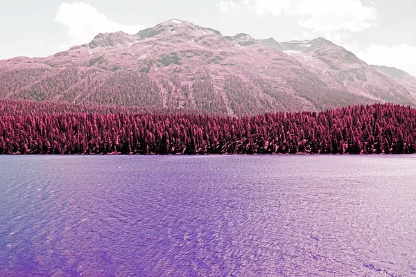 Una Vista Lago Bosque Montañas Los Alpes Suiza Color Infrarrojo — Foto de Stock