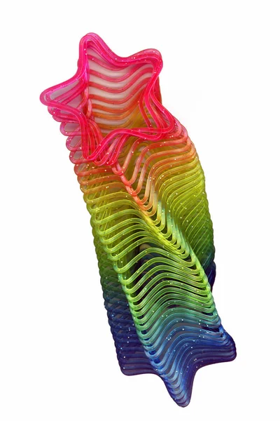 A photograph of a rainbow color star shape plastic object