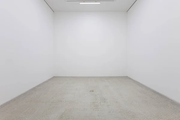 一个空白的房间或艺术画廊与荧光灯和木地板的白色画的内部的看法 — 图库照片
