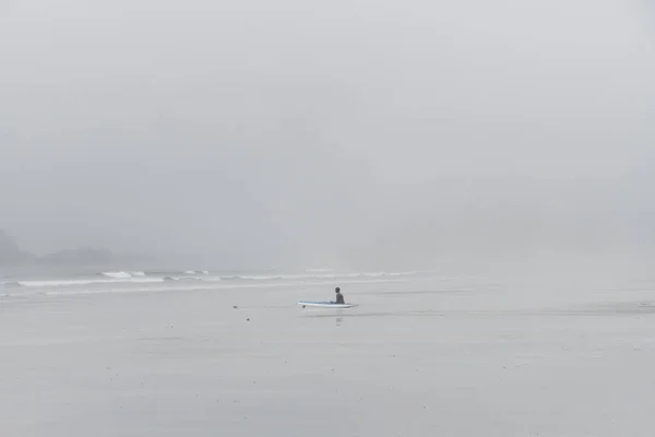 霧の海をビーチに座っているウエット スーツのサーファー — ストック写真