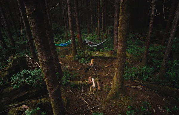 Acampar na floresta tropical com rede e fogueira — Fotografia de Stock