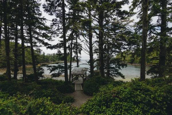 Adalar, uçurumlar ve bulutlar ile uzak kıyı görünümü