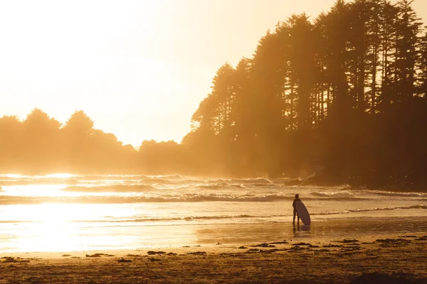 Homem com surf andando na praia com floresta atrás de enquanto — Fotografia de Stock