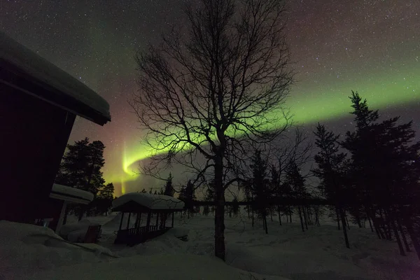 Éjszaka szemcsésedik-ból északi fények fagyasztott téli országban — Stock Fotó