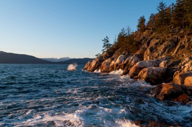 Okyanus dalgaları kayalar kıyısında günbatımı sırasında isabet