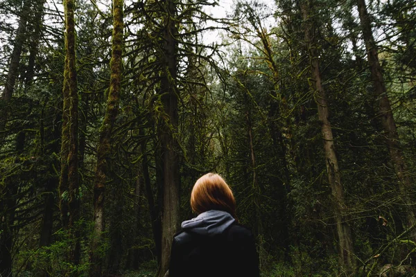 Woman walking on empty path through green forest — Stock Photo, Image