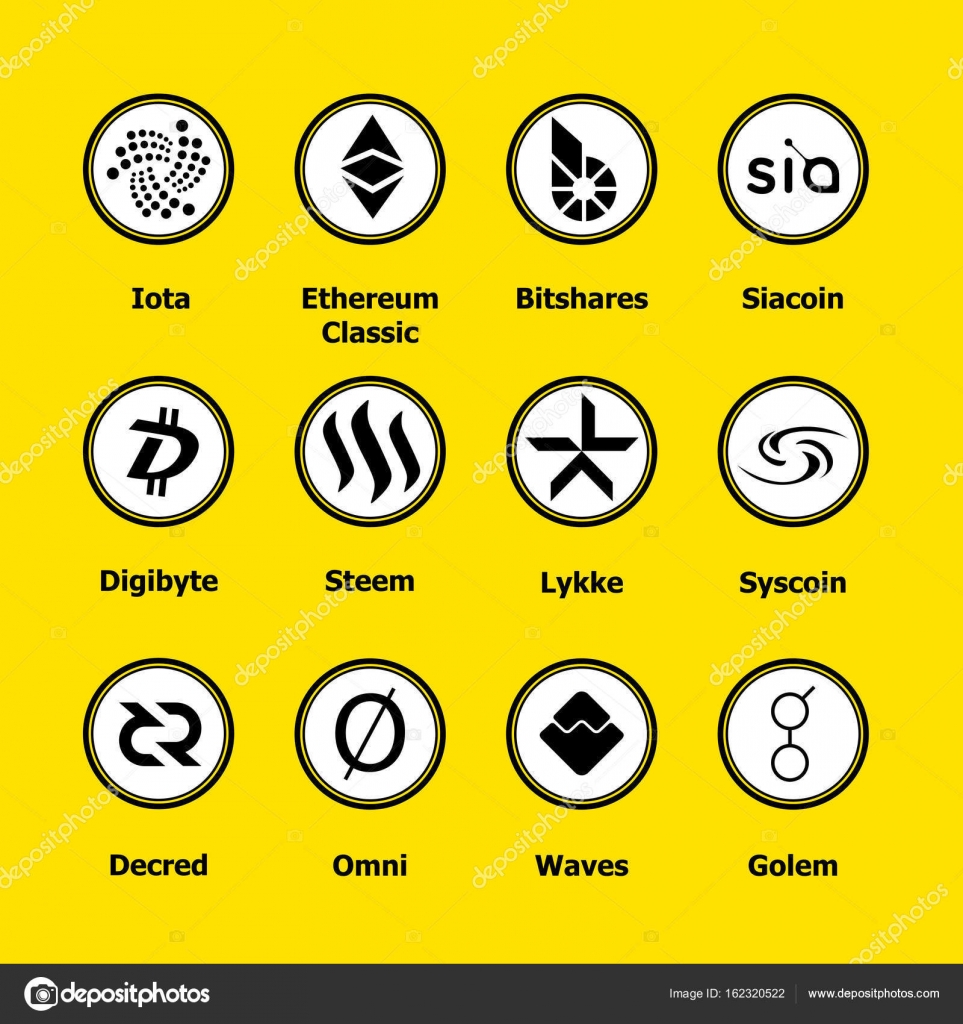 Cryptocurrency blockchain 아이콘이 노란색 배경. 가상 통화를 설정 합니다. 벡터 표시 무역: iota, 테리  클래식, bitshares, siacoin, digibyte, steem, lykke, syscoin, decred, 옴니, 파도,  골룸. 스톡 벡터 - ©lipen 162320522
