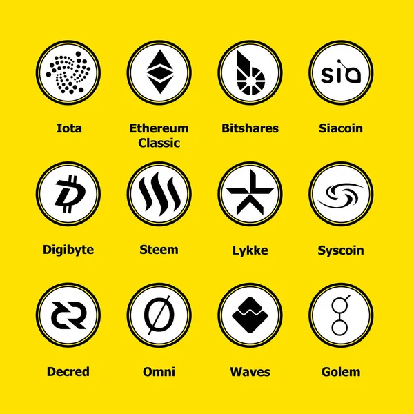 Cryptocurrency blockchain iconos de un fondo amarillo. Establecer signos comerciales de moneda virtual.Vector: iota, etéreo clásico, bitshares, siacoin, digibyte, steem, lykke, syscoin, decred, omni, ondas, golem . — Archivo Imágenes Vectoriales