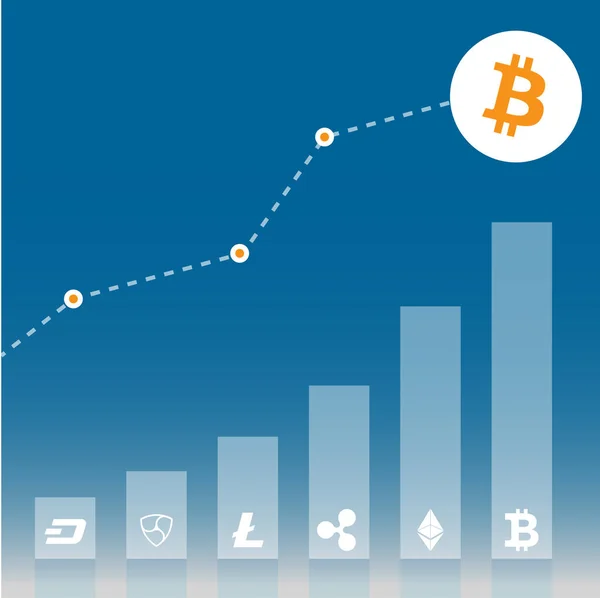 Grafiki bitcoin wzrostu z różnych kryptowaluta na niebieskim tle gradientowym. Płaskie ikona designu. Ilustracja wektorowa. EPS 10. — Wektor stockowy