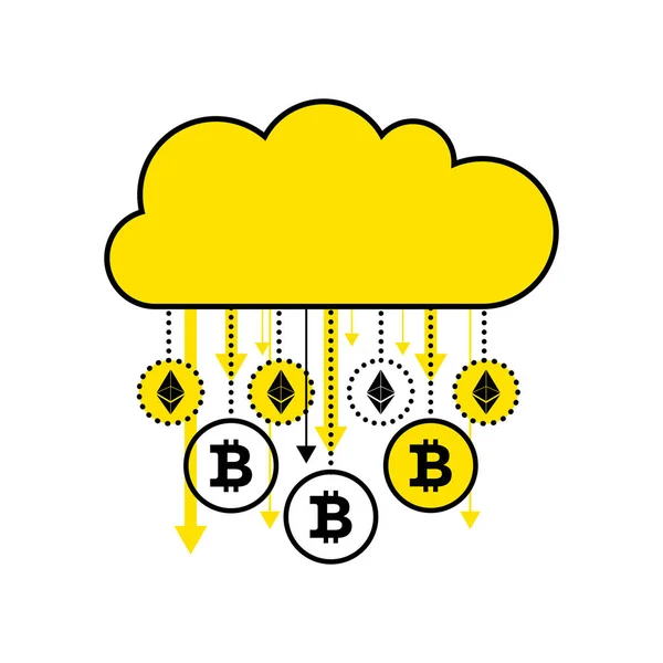 Concepto blockchain de criptomoneda. Nube digital dorada aislada sobre fondo blanco. Lluvia de oro monedas virtuales bitcoin, etéreo cayendo. Icono plano. Ilustración vectorial . — Archivo Imágenes Vectoriales