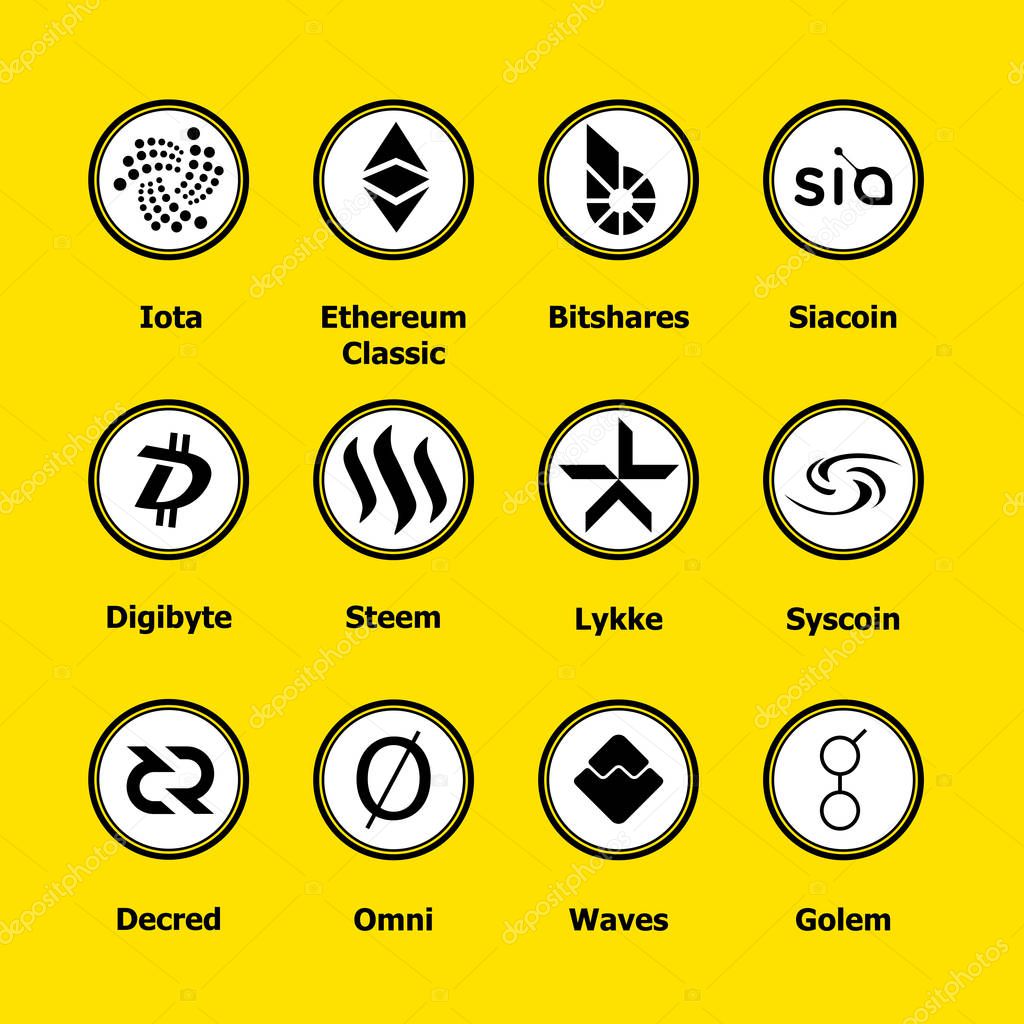 Cryptocurrency blockchain icons a yellow background. Set virtual currency.Vector trading signs: iota, ethereum classic, bitshares, siacoin, digibyte, steem, lykke, syscoin, decred, omni, waves, golem.