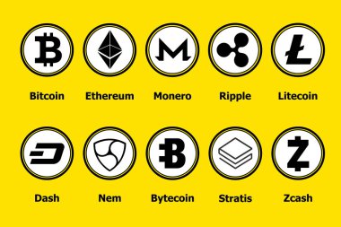 Cryptocurrency blockchain simgeleri sarı bir arka plan. Sanal para birimi olarak ayarlayın. İşaretleri ticaret vektör: bitcoin, ethereum, monero, dalgalanma, litecoin, çizgi, nem, bytecoin, stratis, zcash. 