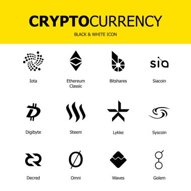 Cryptocurrency blockchain simgeler. Sanal para kümesi. İşaretleri ticaret vektör: ethereum klasik, bitshares, Iota, siacoin, digibyte, steem, lykke, syscoin, decred, omni, dalgalar, golem.