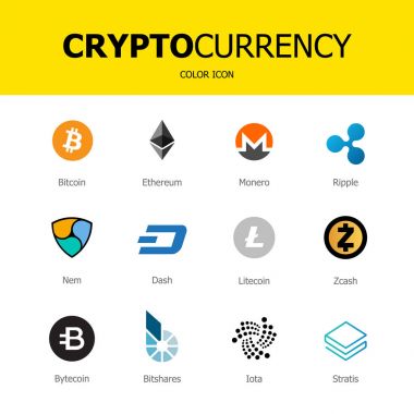 Cryptocurrency blockchain simgeler beyaz arka plan izole. Sanal para birimi olarak ayarlayın. İşaretleri ticaret vektör: bitcoin, ethereum, monero, dalgalanma, litecoin, çizgi, nem, bytecoin, stratis, zcash, bitshares, Iota.