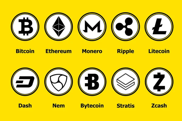 Cryptocurrency blockchain iconos de un fondo amarillo. Establecer moneda virtual.Vector signos comerciales: bitcoin, etéreo, monero, ondulación, litecoin, guion, nem, bytecoin, stratis, zcash . — Archivo Imágenes Vectoriales