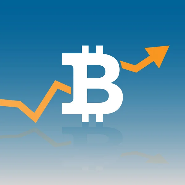 Naranja flecha de la línea hacia arriba entre el icono de bitcoin sobre fondo de gradiente azul. Diseño de icono plano. Ilustración vectorial. Eps 10 . — Archivo Imágenes Vectoriales