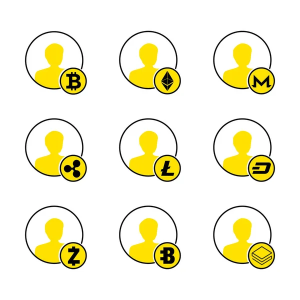 ビジネスマン、cryptocurrency の背景の黄色いシルエット: bitcoin、ethereum、monero、リップル、litecoin、ダッシュ、zcash、bitecoin、stratis。ベクトルの図。抽象的な記号大富豪 cryptocurrency. — ストックベクタ