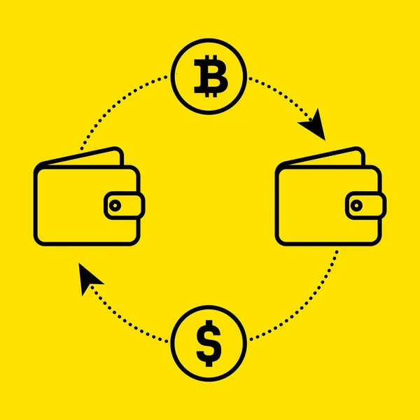 Icono dólar a bitcoin cambio de moneda. Diseño plano. La ilustración vectorial aisló un fondo amarillo para el sitio web o la aplicación, etc. . — Archivo Imágenes Vectoriales