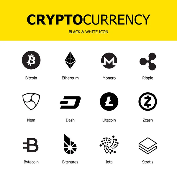 Kryptowaluta blockchain ikony. Zestaw wirtualnej waluty. Wektor znaków handlowych: bitcoin, ethereum, monero, marszczyć, litecoin, kreska, nem, bytecoin, stratis, zcash, bitshares, Jota. — Wektor stockowy