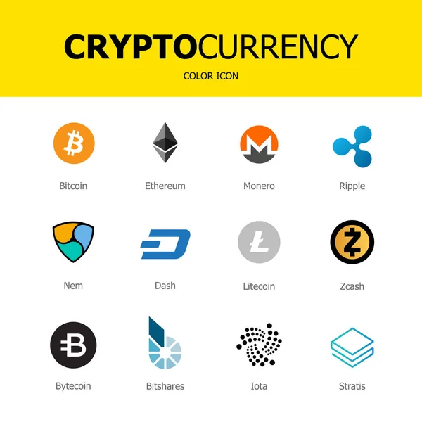 Ícones blockchain criptomoeda isolado fundo branco. Definir moeda virtual. Sinais de negociação vetorial: bitcoin, etéreo, monero, ondulação, litecoin, traço, nem, bytecoin, stratis, zcash, bitshares, iota . —  Vetores de Stock