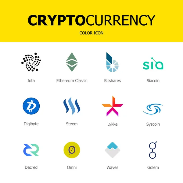 Ícones blockchain criptomoeda. Conjunto de moedas virtuais.Sinais de negociação vetorial: clássico etéreo, bitshares, iota, siacoin, digibyte, steem, lykke, syscoin, decred, omni, waves, golem . —  Vetores de Stock